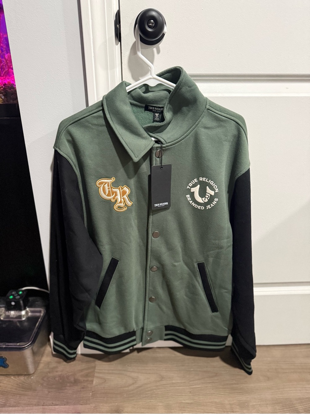 True Religion Green & Black Letterman Bomber Jacket